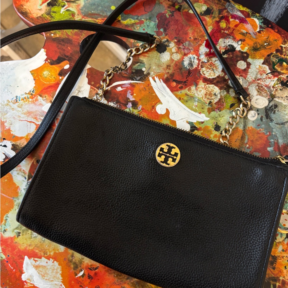 Tory Burch Black Pebbled Leather Chain Crossbody with Gold Logo